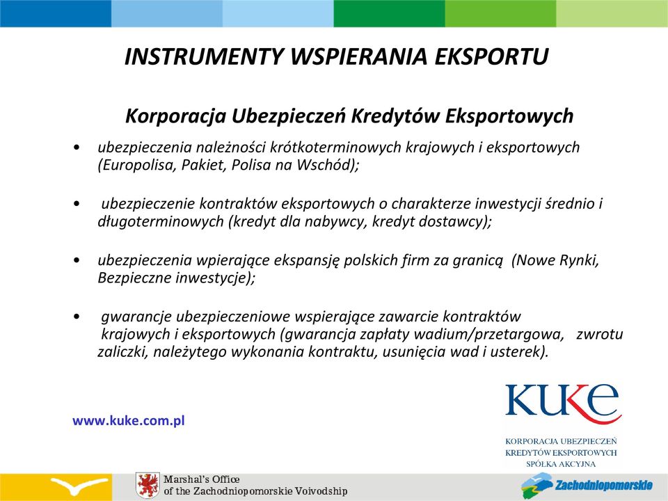 kredyt dostawcy); ubezpieczenia wpierające ekspansję polskich firm za granicą (Nowe Rynki, Bezpieczne inwestycje); gwarancje ubezpieczeniowe wspierające