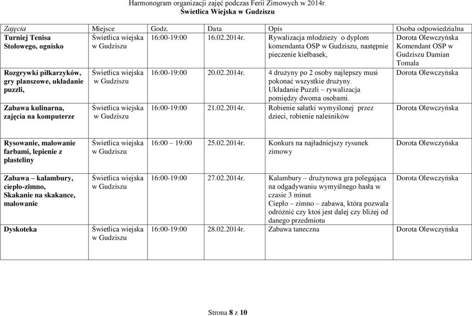 Układanie Puzzli rywalizacja pomiędzy dwoma osobami. 16:00-19:00 21.02.2014r.