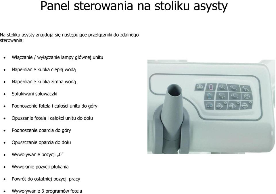 spluwaczki Podnoszenie fotela i całości unitu do góry Opuszanie fotela i całości unitu do dołu Podnoszenie oparcia do góry