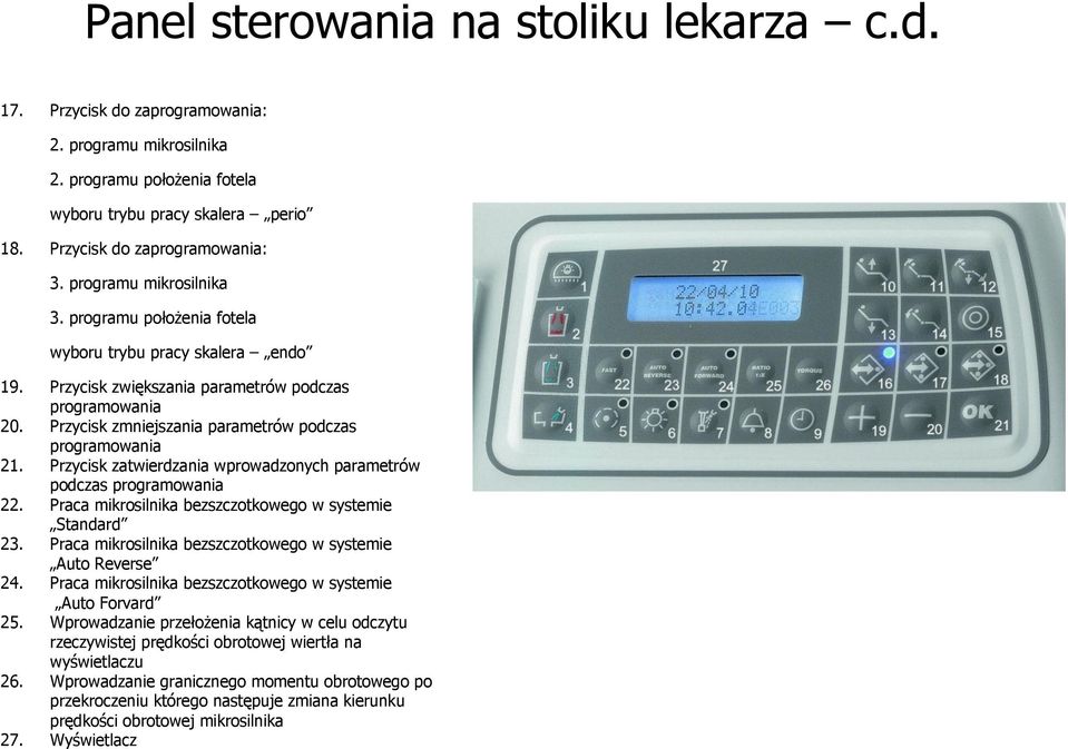 Przycisk zmniejszania parametrów podczas programowania 21. Przycisk zatwierdzania wprowadzonych parametrów podczas programowania 22. Praca mikrosilnika bezszczotkowego w systemie Standard 23.