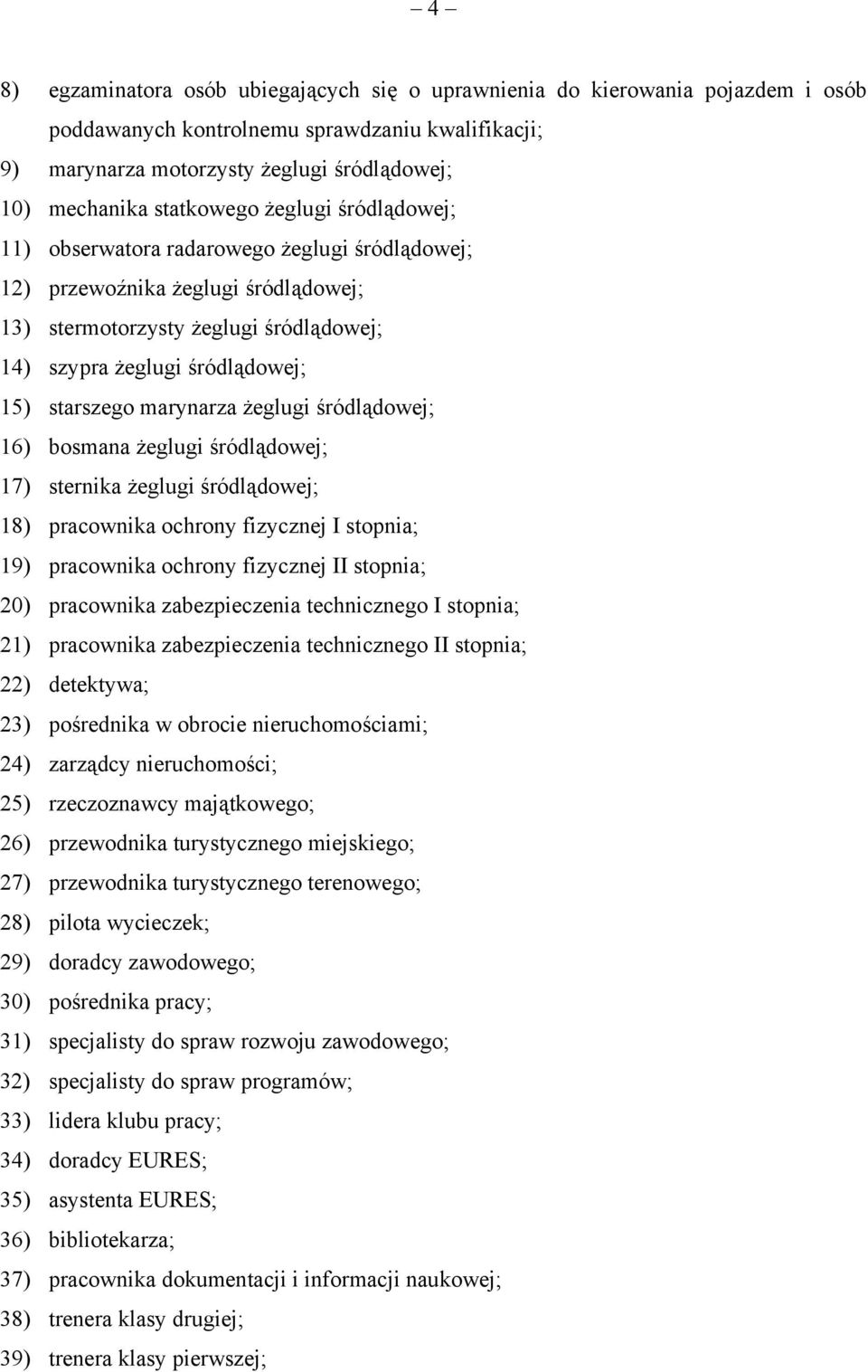 starszego marynarza żeglugi śródlądowej; 16) bosmana żeglugi śródlądowej; 17) sternika żeglugi śródlądowej; 18) pracownika ochrony fizycznej I stopnia; 19) pracownika ochrony fizycznej II stopnia;