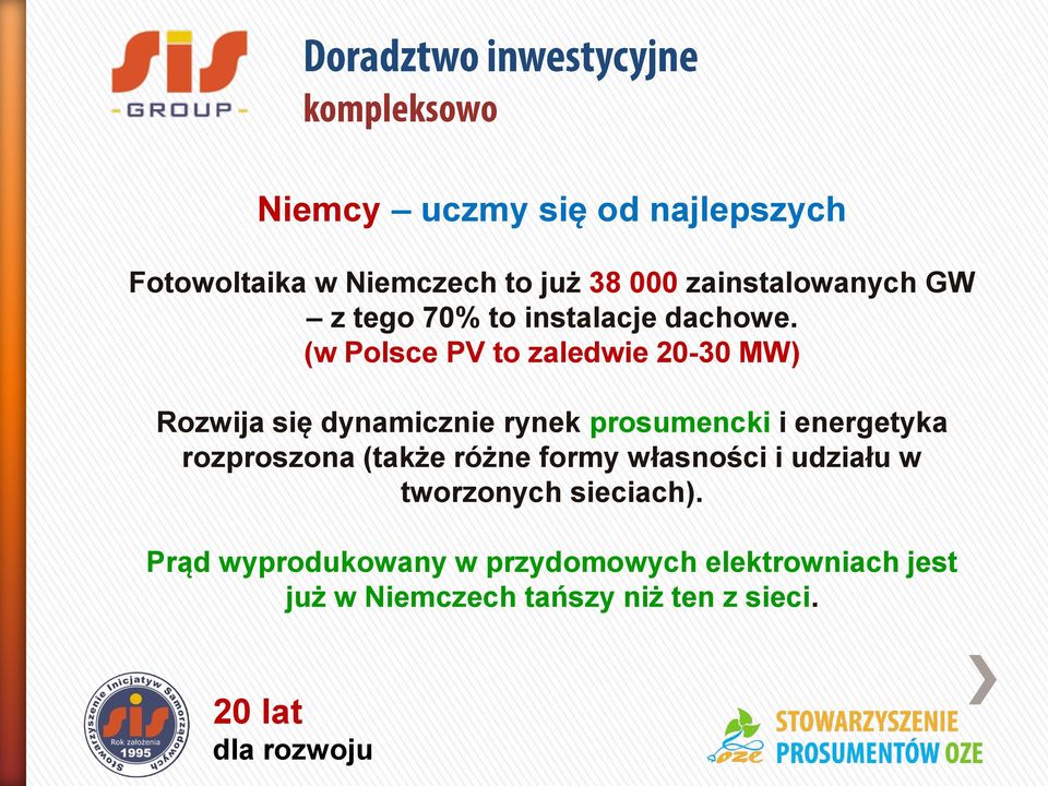 (w Polsce PV to zaledwie 20-30 MW) Rozwija się dynamicznie rynek prosumencki i energetyka