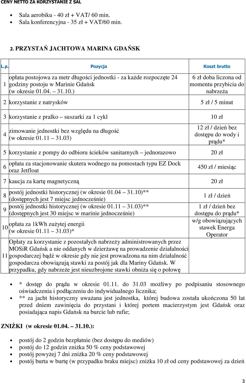 04. 3.0.) 6 zł doba liczona od momentu przybicia do nabrzeŝa 2 korzystanie z natrysków 5 zł / 5 minut 3 korzystanie z pralko suszarki za cykl 0 zł 4 zimowanie jednostki bez względu na długość (w okresie 0.