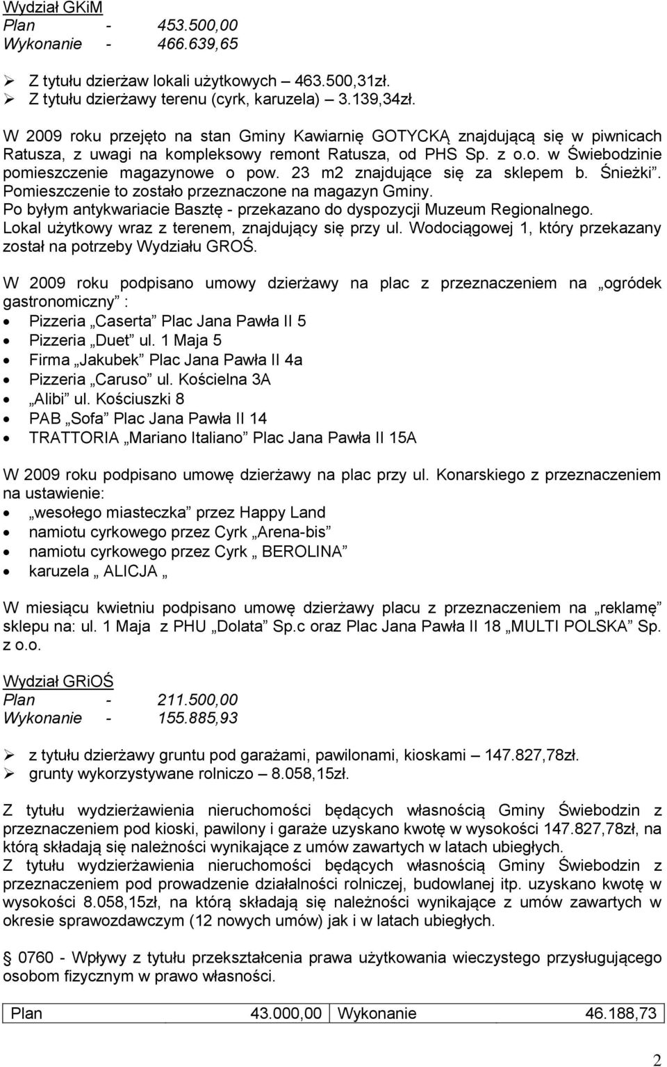 23 m2 znajdujące się za sklepem b. Śnieżki. Pomieszczenie to zostało przeznaczone na magazyn Gminy. Po byłym antykwariacie Basztę - przekazano do dyspozycji Muzeum Regionalnego.