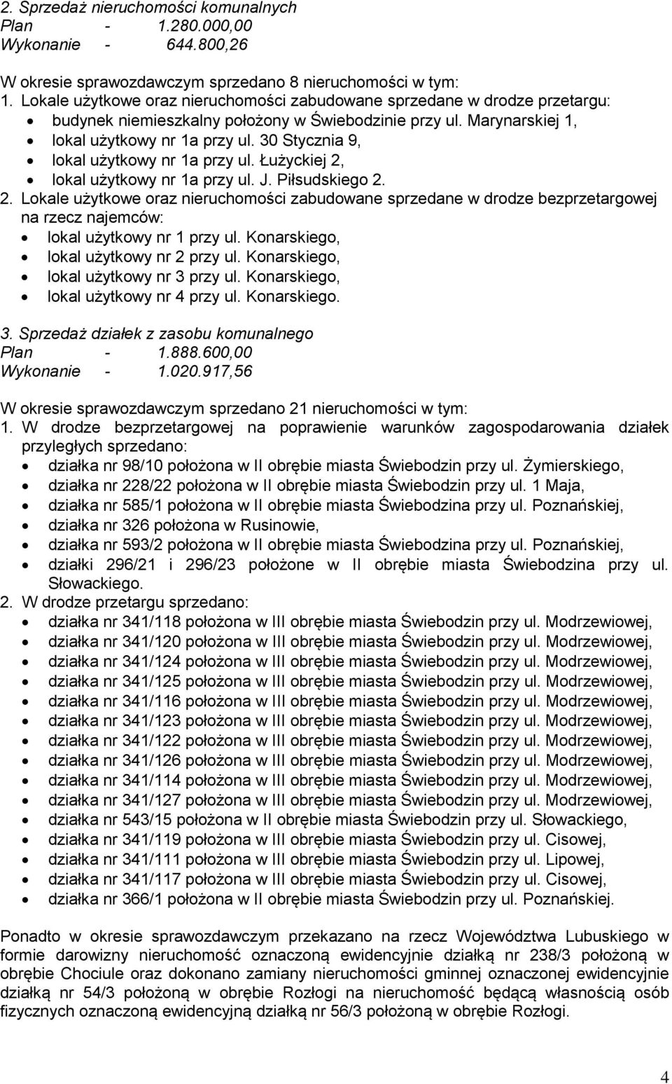 30 Stycznia 9, lokal użytkowy nr 1a przy ul. Łużyckiej 2, lokal użytkowy nr 1a przy ul. J. Piłsudskiego 2. 2. Lokale użytkowe oraz nieruchomości zabudowane sprzedane w drodze bezprzetargowej na rzecz najemców: lokal użytkowy nr 1 przy ul.