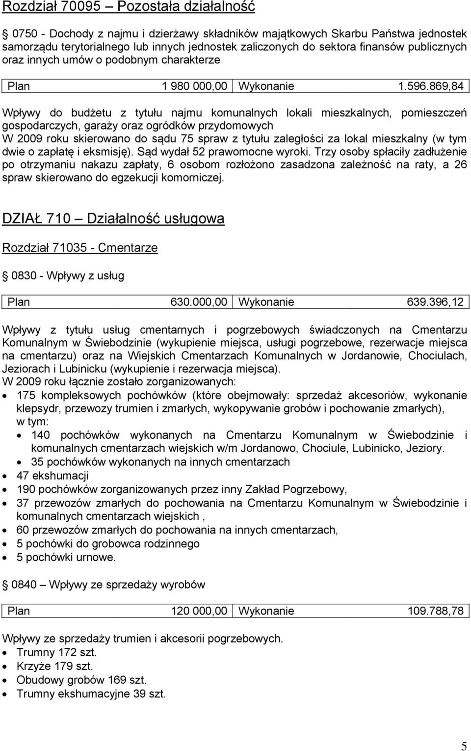 869,84 Wpływy do budżetu z tytułu najmu komunalnych lokali mieszkalnych, pomieszczeń gospodarczych, garaży oraz ogródków przydomowych W 2009 roku skierowano do sądu 75 spraw z tytułu zaległości za