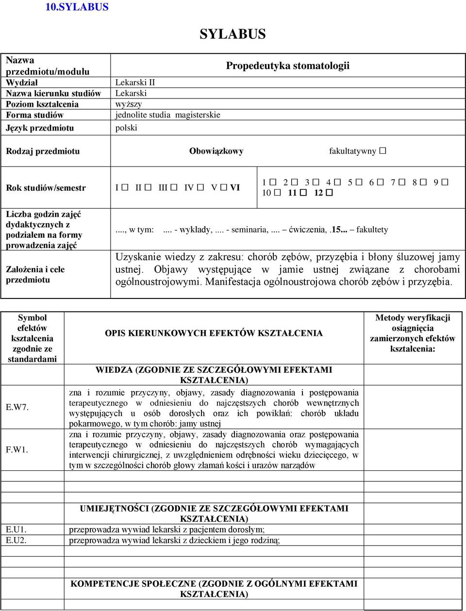 IV V VI 1 2 3 4 5 6 7 8 9 10 11 12..., w tym:... - wykłady,... - seminaria,... ćwiczenia,.15... fakultety Uzyskanie wiedzy z zakresu: chorób zębów, przyzębia i błony śluzowej jamy ustnej.