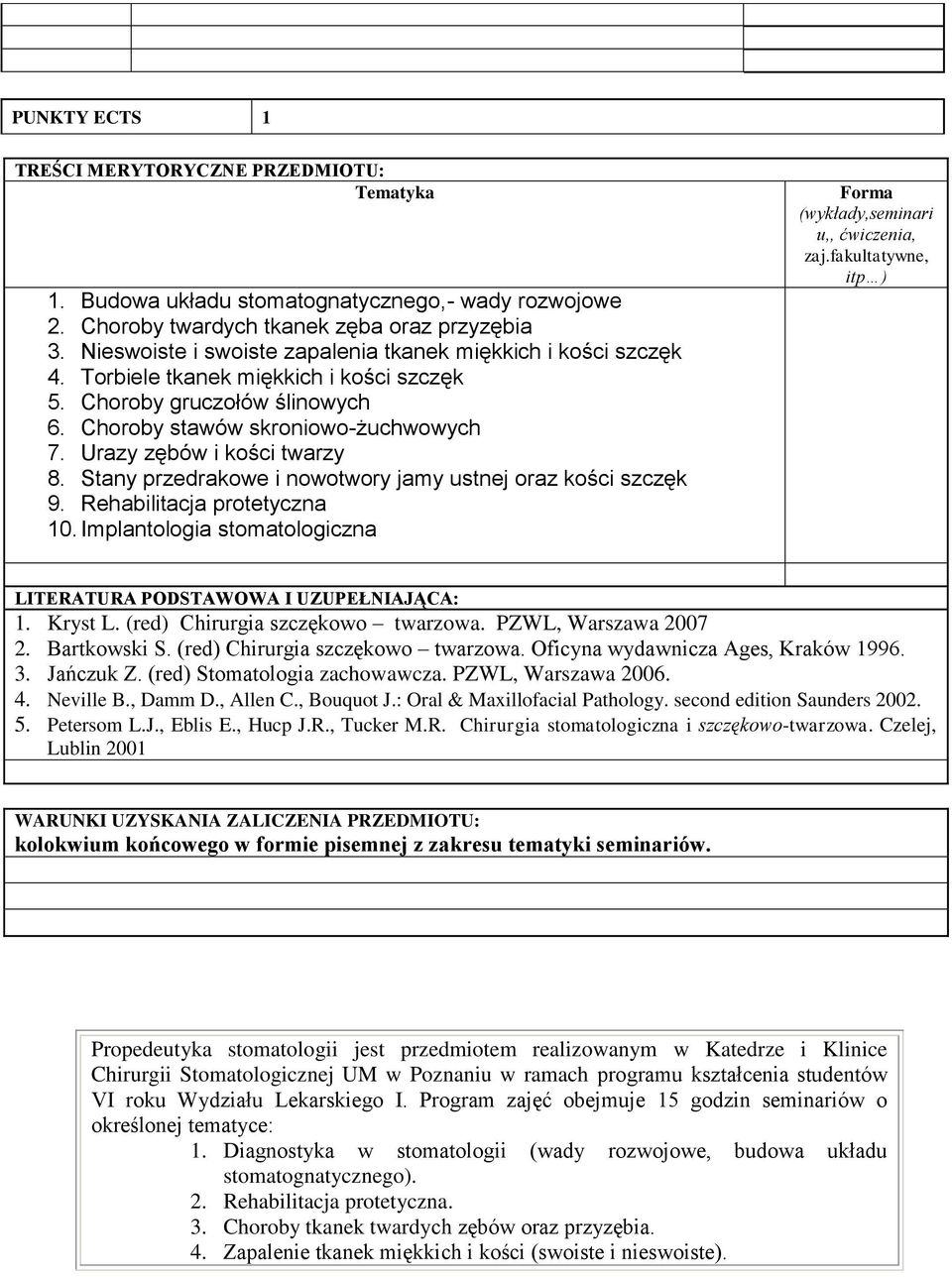 Urazy zębów i kości twarzy 8. Stany przedrakowe i nowotwory jamy ustnej oraz kości szczęk 9. Rehabilitacja protetyczna 10. Implantologia stomatologiczna Forma (wykłady,seminari u,, ćwiczenia, zaj.