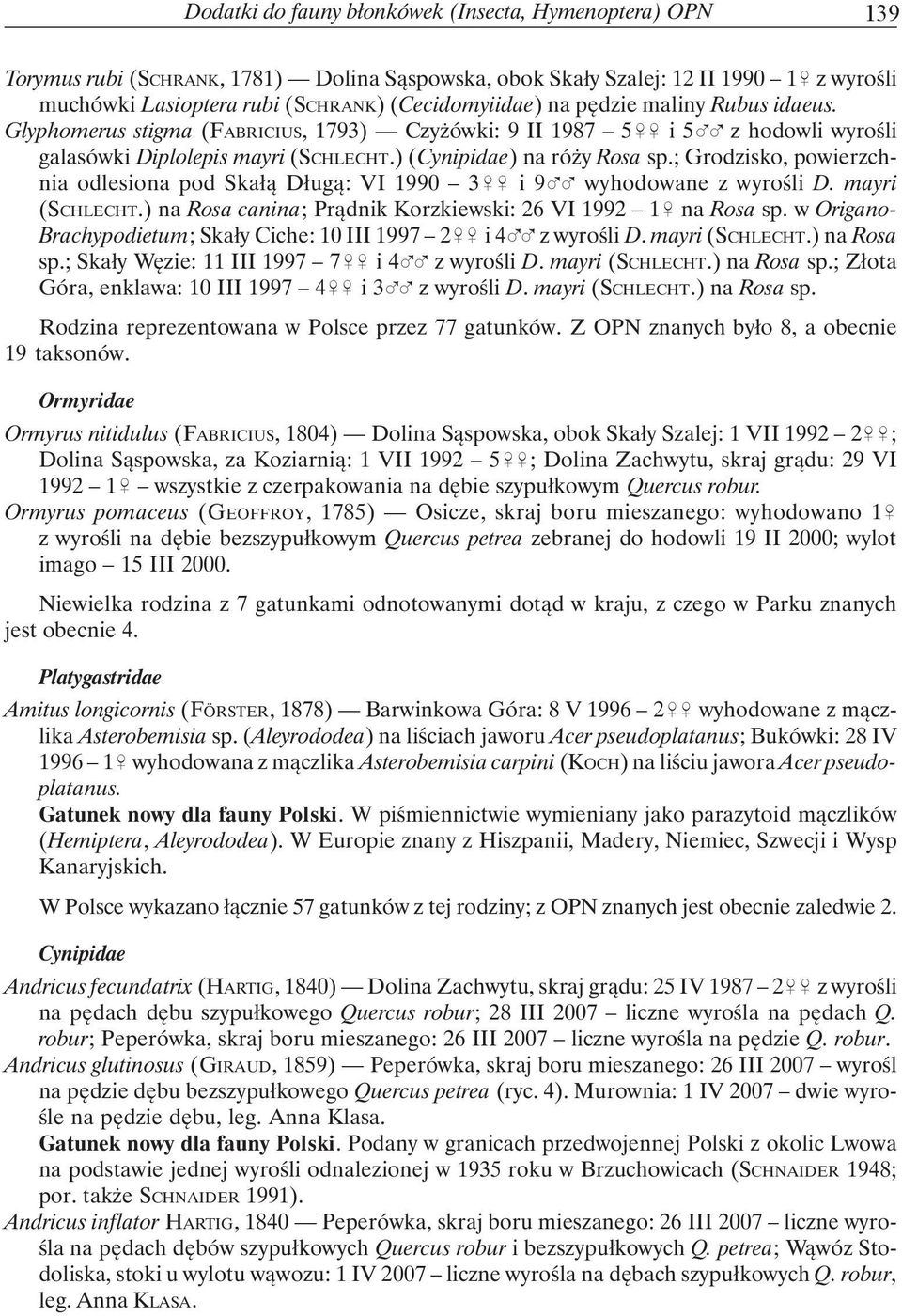 ; Grodzisko, powierzchnia odlesiona pod Skałą Długą: VI 1990 3&& i 9%% wyhodowane z wyrośli D. mayri (SCHLECHT.) na Rosa canina; Prądnik Korzkiewski: 26 VI 1992 1& na Rosa sp.