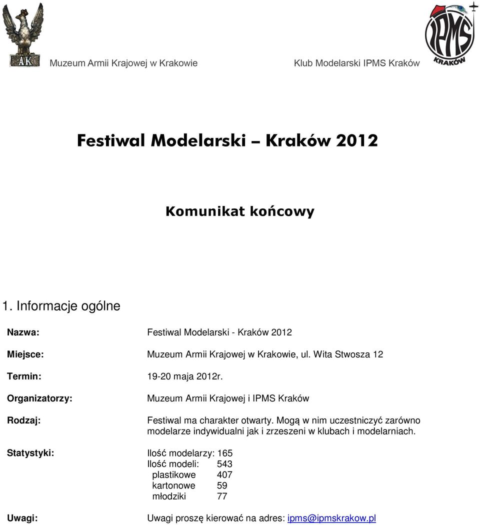 Wita Stwosza 12 Termin: 19-20 maja 2012r. Organizatorzy: Rodzaj: Muzeum Armii Krajowej i IPMS Kraków Festiwal ma charakter otwarty.