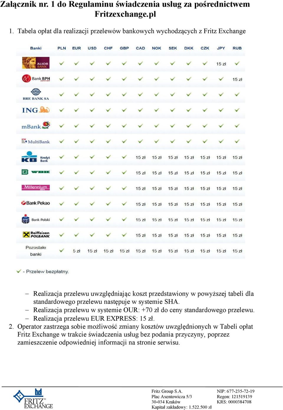 standardowego przelewu następuje w systemie SHA. Realizacja przelewu w systemie OUR: +70 zł do ceny standardowego przelewu.