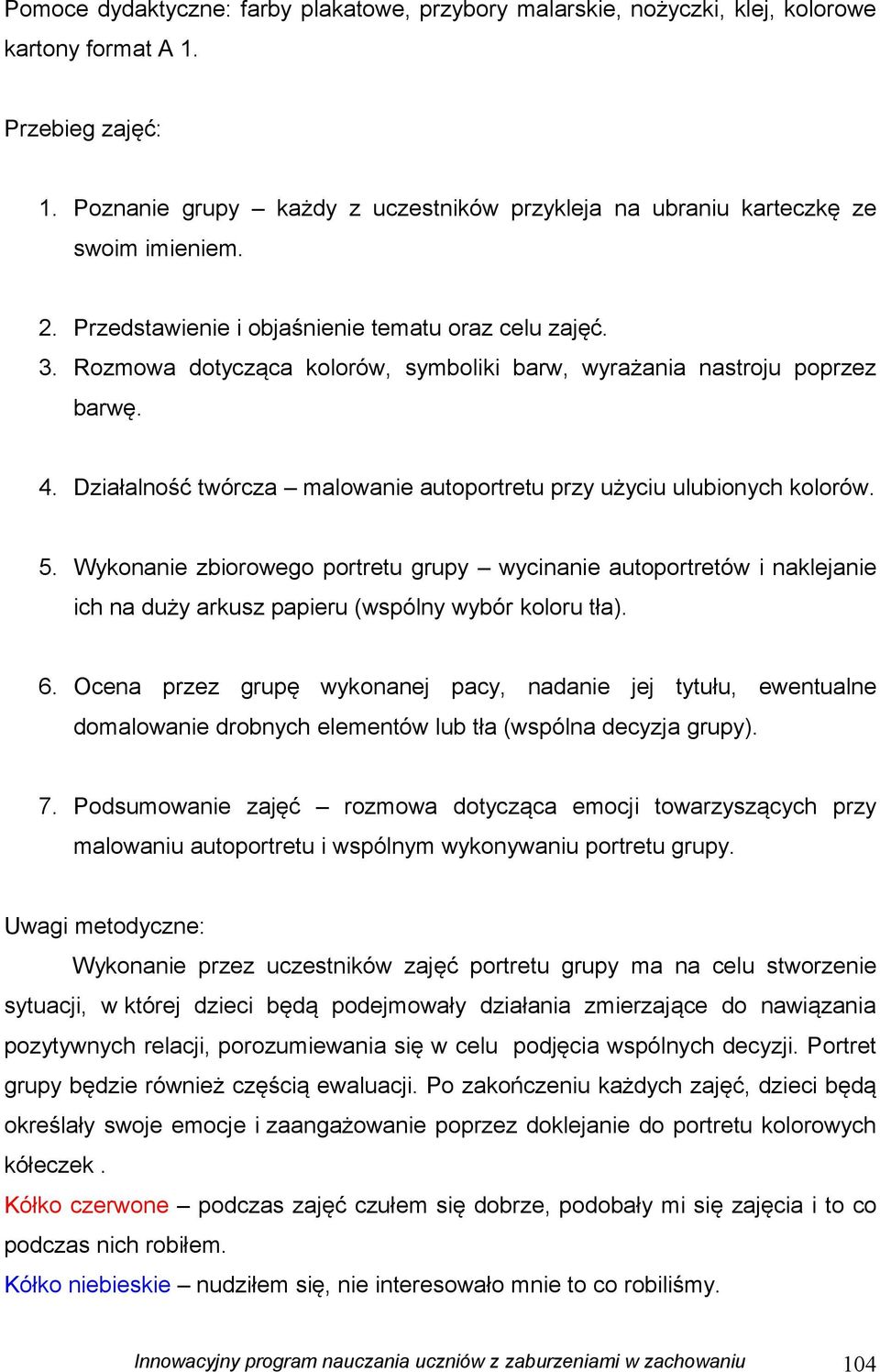 Rozmowa dotycząca kolorów, symboliki barw, wyrażania nastroju poprzez barwę. 4. Działalność twórcza malowanie autoportretu przy użyciu ulubionych kolorów. 5.