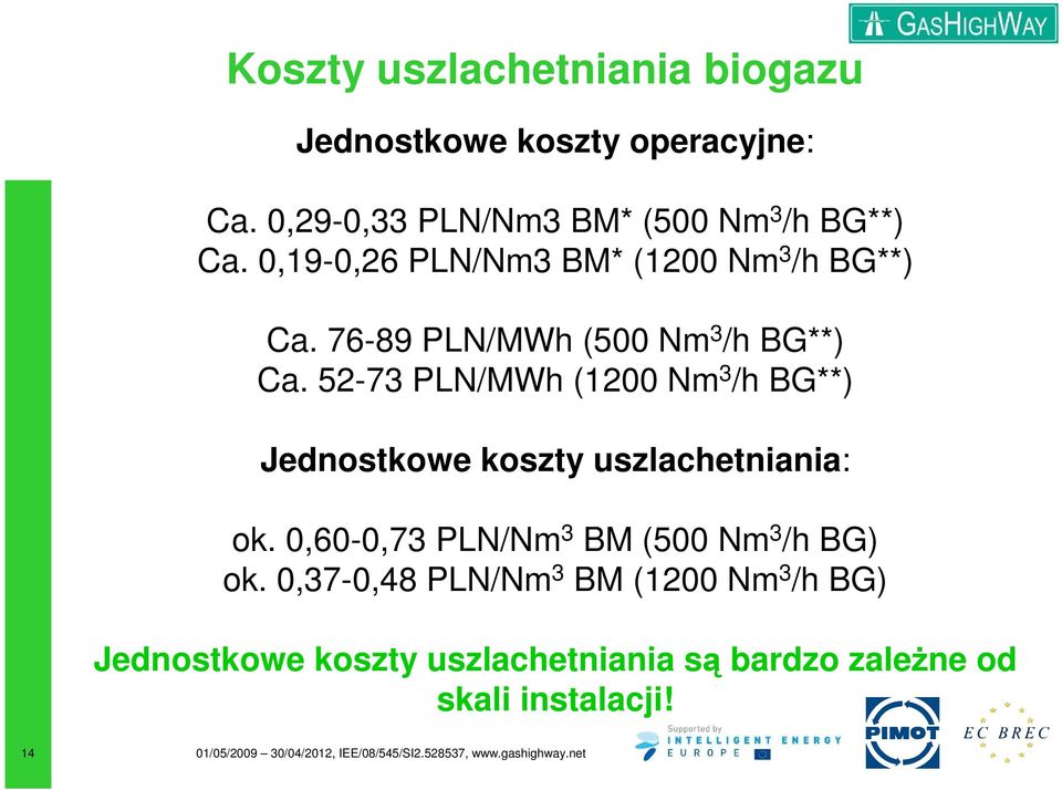 76-89 PLN/MWh (500 Nm 3 /h BG**) Ca.