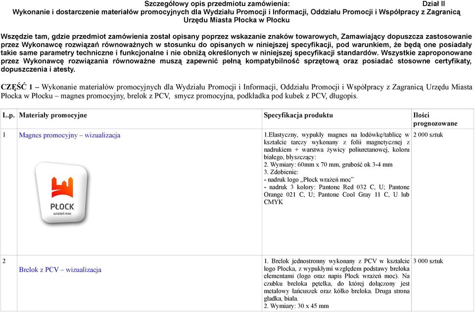 niniejszej specyfikacji, pod warunkiem, że będą one posiadały takie same parametry techniczne i funkcjonalne i nie obniżą określonych w niniejszej specyfikacji standardów.