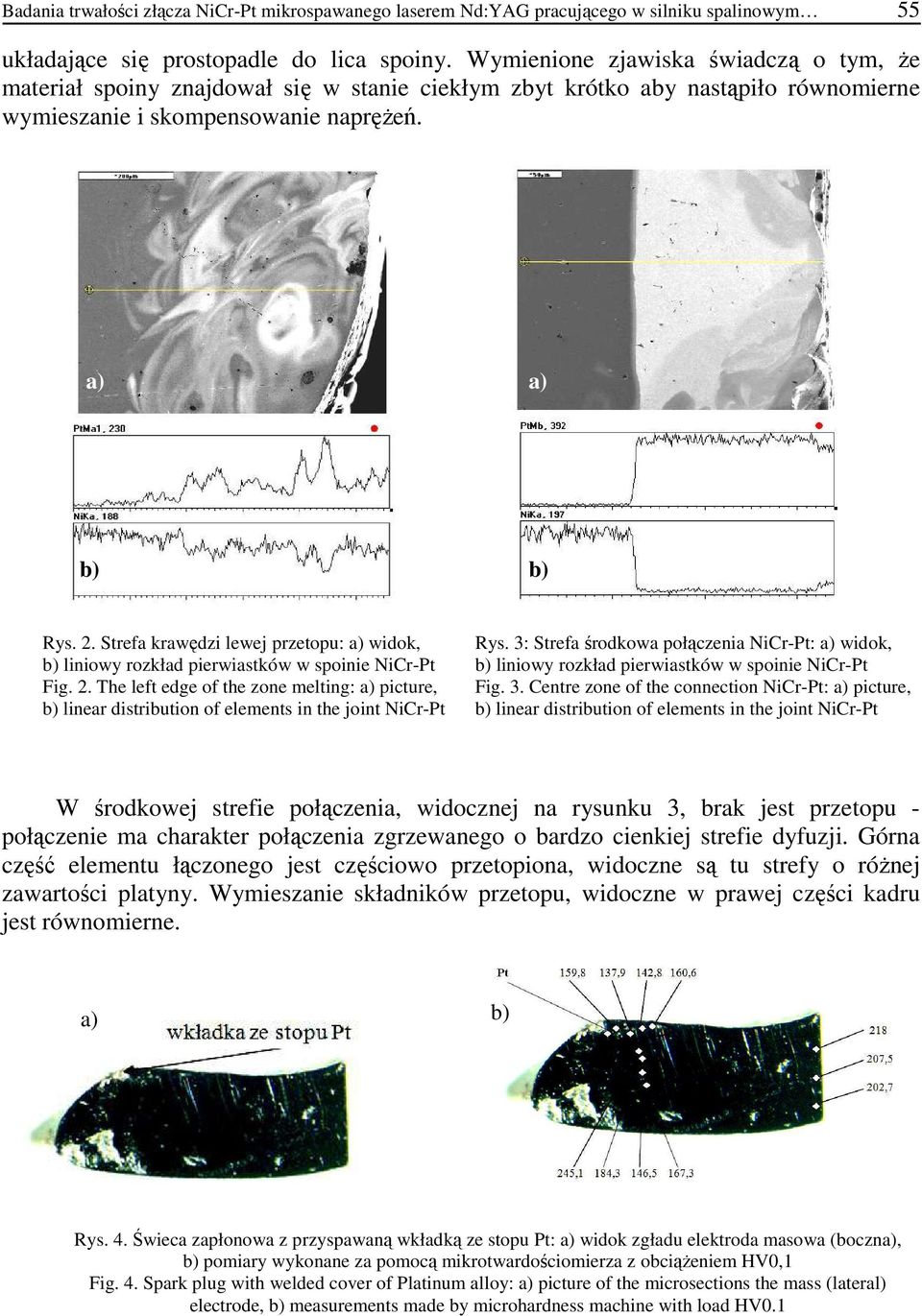 Strefa krawędzi lewej przetopu: a) widok, Rys. 3: Strefa środkowa połączenia NiCr-Pt: a) widok, b) liniowy rozkład pierwiastków w spoinie NiCr-Pt b) liniowy rozkład pierwiastków w spoinie NiCr-Pt Fig.