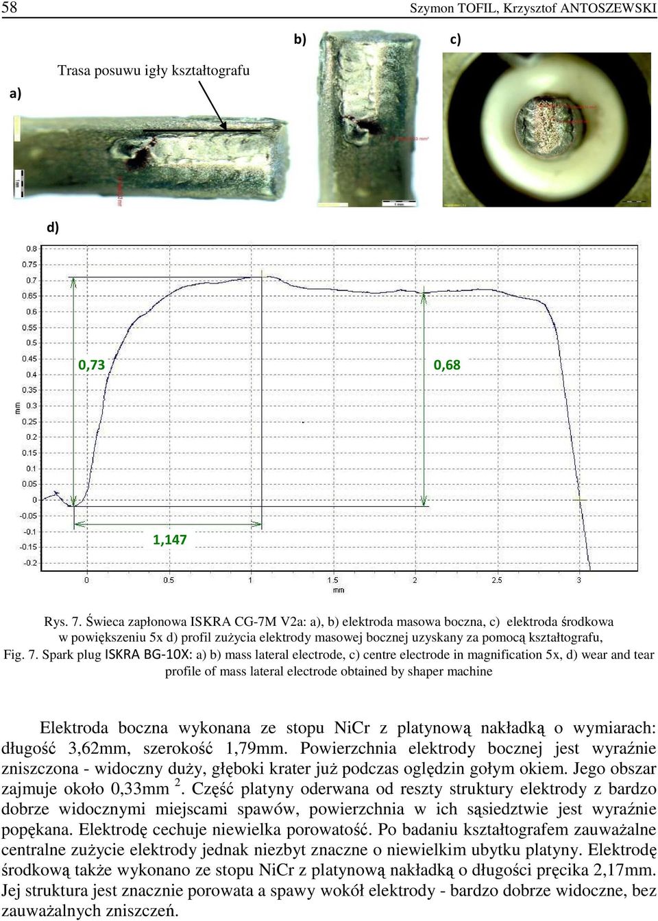 Spark plug ISKRA BG-10X: a) b) mass lateral electrode, c) centre electrode in magnification 5x, d) wear and tear profile of mass lateral electrode obtained by shaper machine Elektroda boczna wykonana