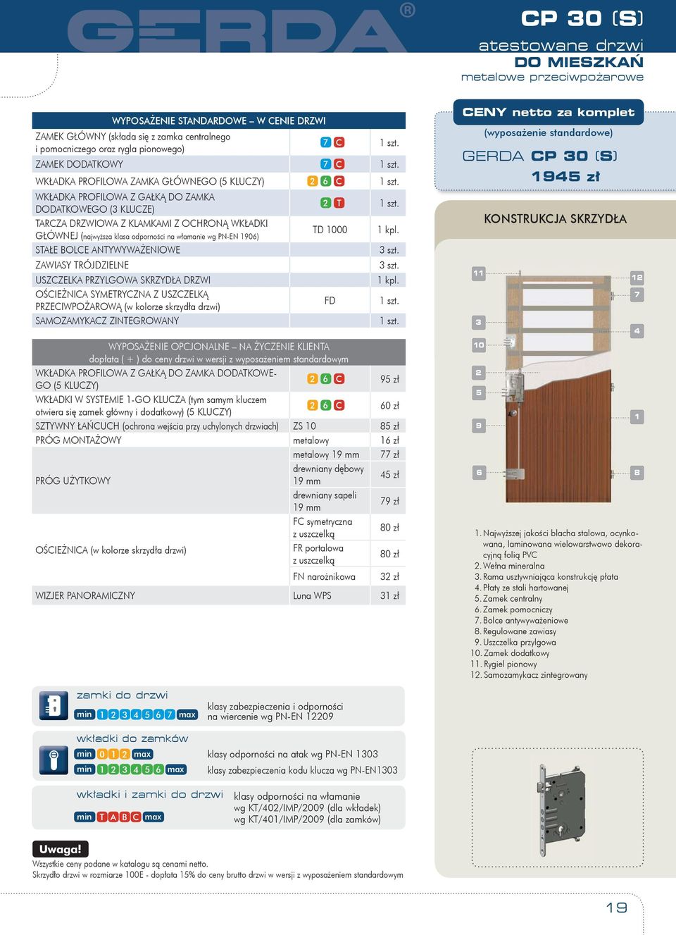 TARCZA DRZWIOWA Z KLAMKAMI Z OCHRONĄ WKŁADKI GŁÓWNEJ (najwyższa klasa odporności na włamanie wg PN-EN 1906) TD 1000 1 kpl. STAŁE BOLCE ANTYWYWAŻENIOWE 3 szt. ZAWIASY TRÓJDZIELNE 3 szt.