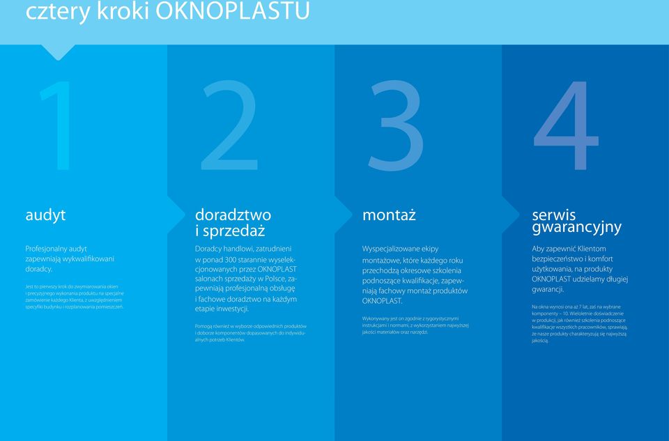 Doradcy handlowi, zatrudnieni w ponad 300 starannie wyselekcjonowanych przez OKNOPLAST salonach sprzedaży w Polsce, zapewniają profesjonalną obsługę i fachowe doradztwo na każdym etapie inwestycji.