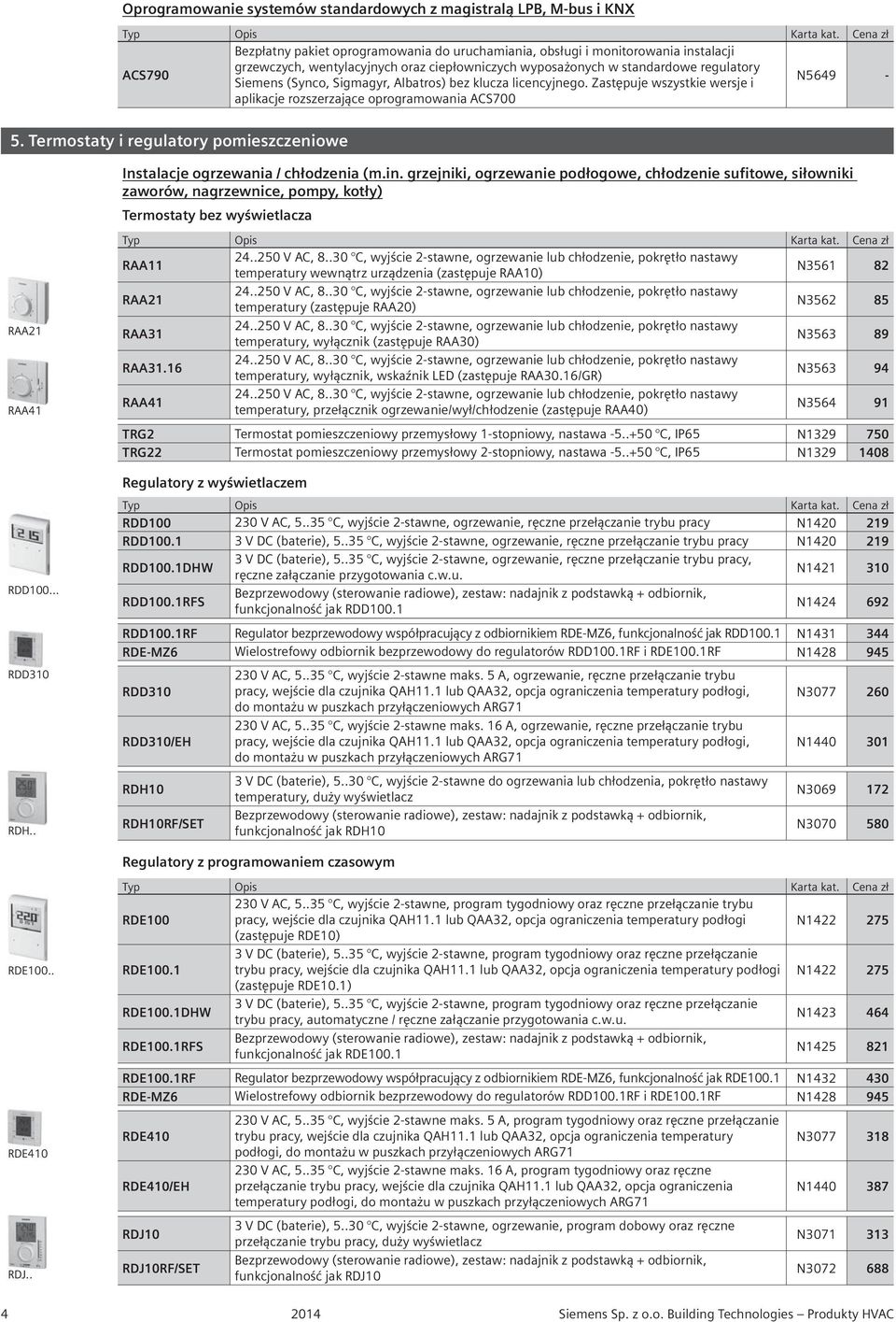 Termostaty i regulatory pomieszczeniowe RAA21 RAA41 RDD100 RDD310 RDH.. Instalacje ogrzewania / chłodzenia (m.in.