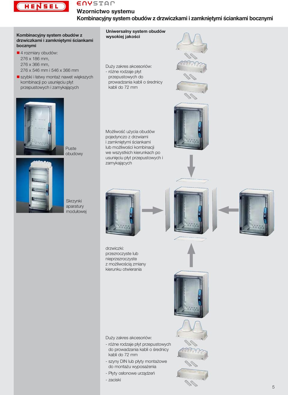 akcesoriów: - różne rodzaje płyt przepustowych do prowadzania kabli o średnicy kabli do 72 mm Puste obudowy Możliwość użycia obudów pojedynczo z drzwiami i zamkniętymi ściankami lub możliwości