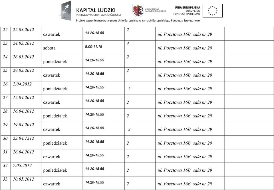 00-11.15 4 ul. Pocztowa 16B, sala nr 29 2 poniedziałek ul. Pocztowa 16B, sala nr 29 czwartek 2 ul.