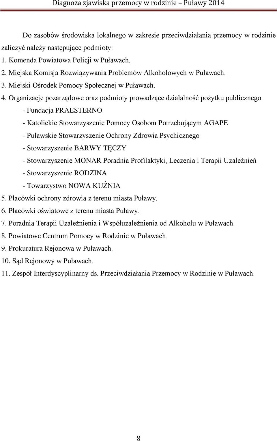 - Fundacja PRAESTERNO - Katolickie Stowarzyszenie Pomocy Osobom Potrzebującym AGAPE - Puławskie Stowarzyszenie Ochrony Zdrowia Psychicznego - Stowarzyszenie BARWY TĘCZY - Stowarzyszenie MONAR