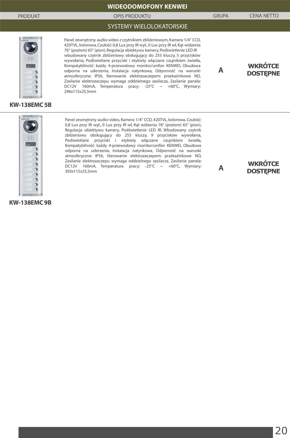 przyciski i etykiety włączane czujnikiem światła, Kompatybilność: każdy 4-przewodowy monitor/unifon KENWEI, Obudowa odporna na uderzenia, Instalacja natynkowa, Odporność na warunki atmosferyczne:
