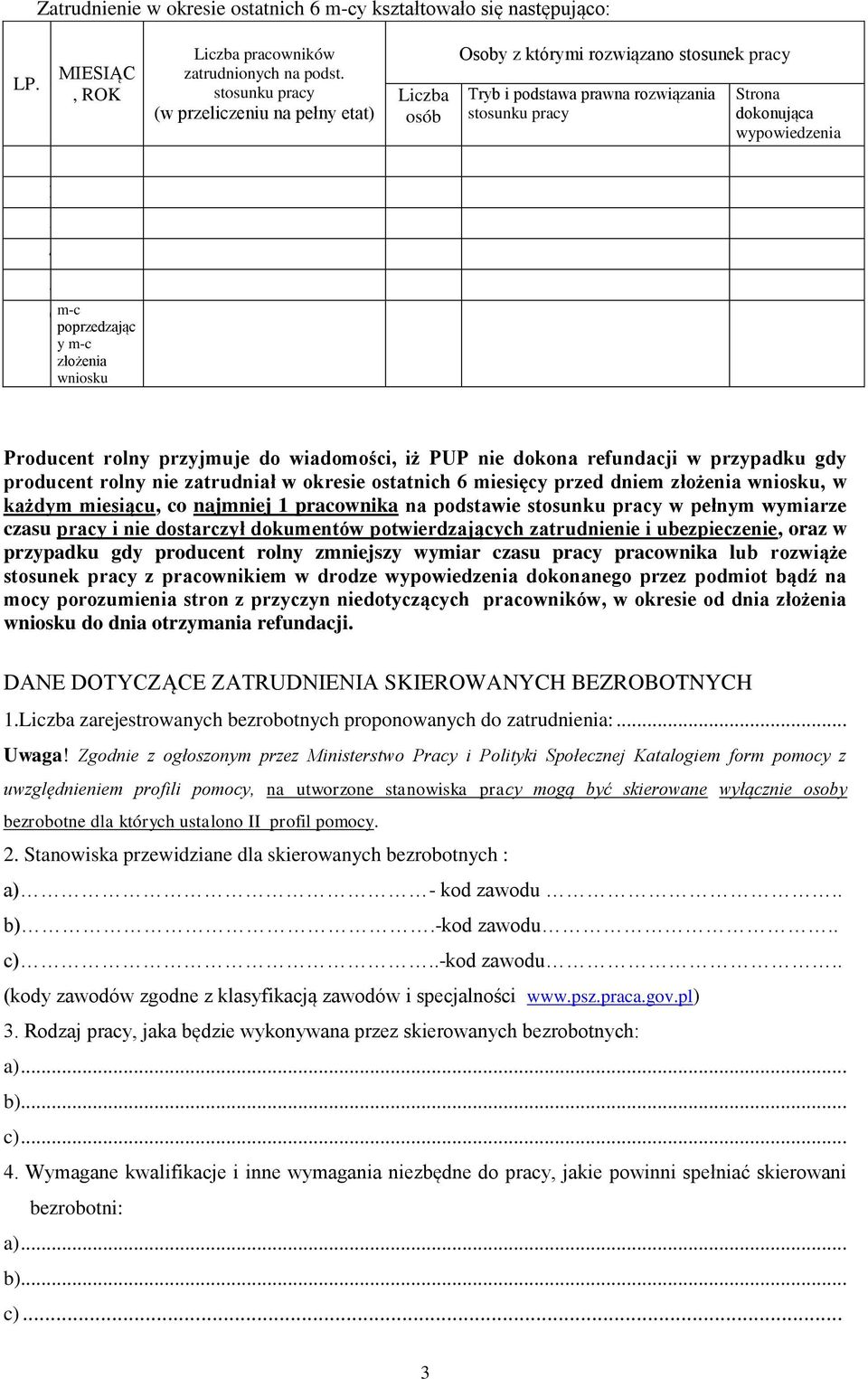 przyjmuje do wiadomości, iż PUP nie dokona refundacji w przypadku gdy producent rolny nie zatrudniał w okresie ostatnich 6 miesięcy przed dniem złożenia wniosku, w każdym miesiącu, co najmniej 1