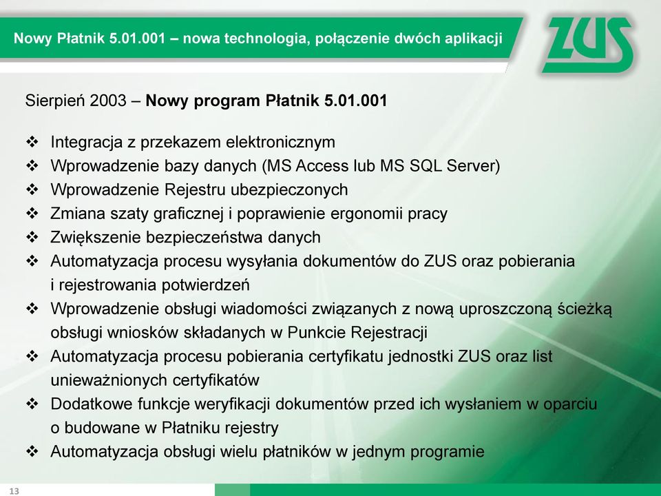 Rejestru ubezpieczonych Zmiana szaty graficznej i poprawienie ergonomii pracy Zwiększenie bezpieczeństwa danych Automatyzacja procesu wysyłania dokumentów do ZUS oraz pobierania i rejestrowania