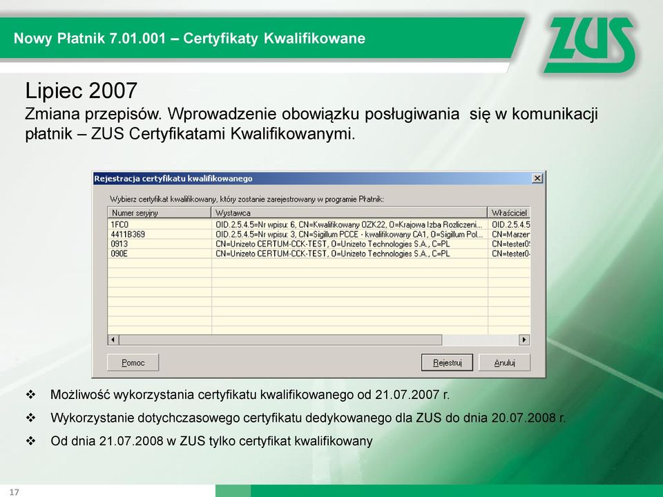 Możliwość wykorzystania certyfikatu kwalifikowanego od 21.07.2007 r.