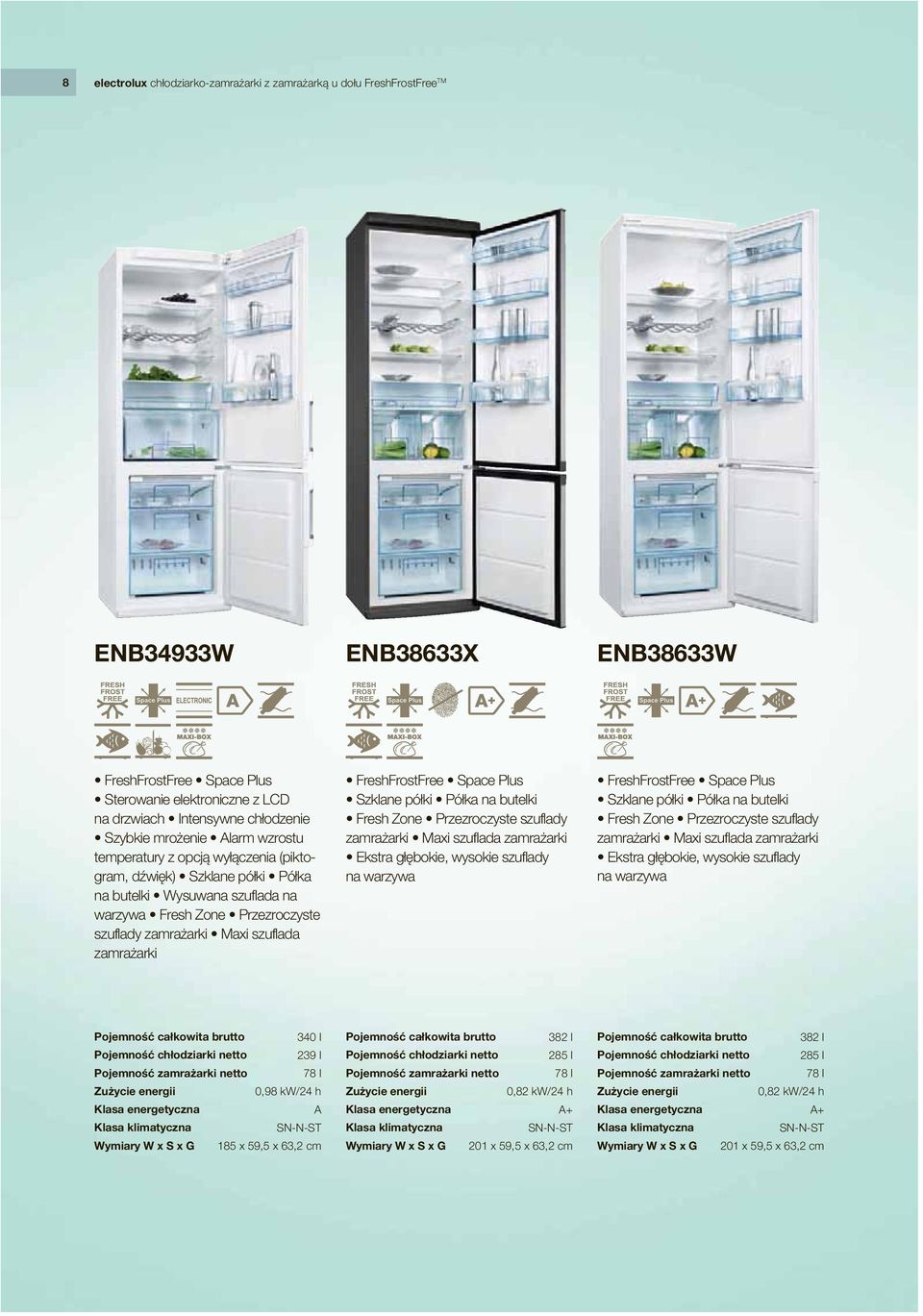szuflada zamrażarki FreshFrostFree Space Plus Szklane półki Półka na butelki Fresh Zone Przezroczyste szuflady zamrażarki Maxi szuflada zamrażarki Ekstra głębokie, wysokie szuflady na warzywa