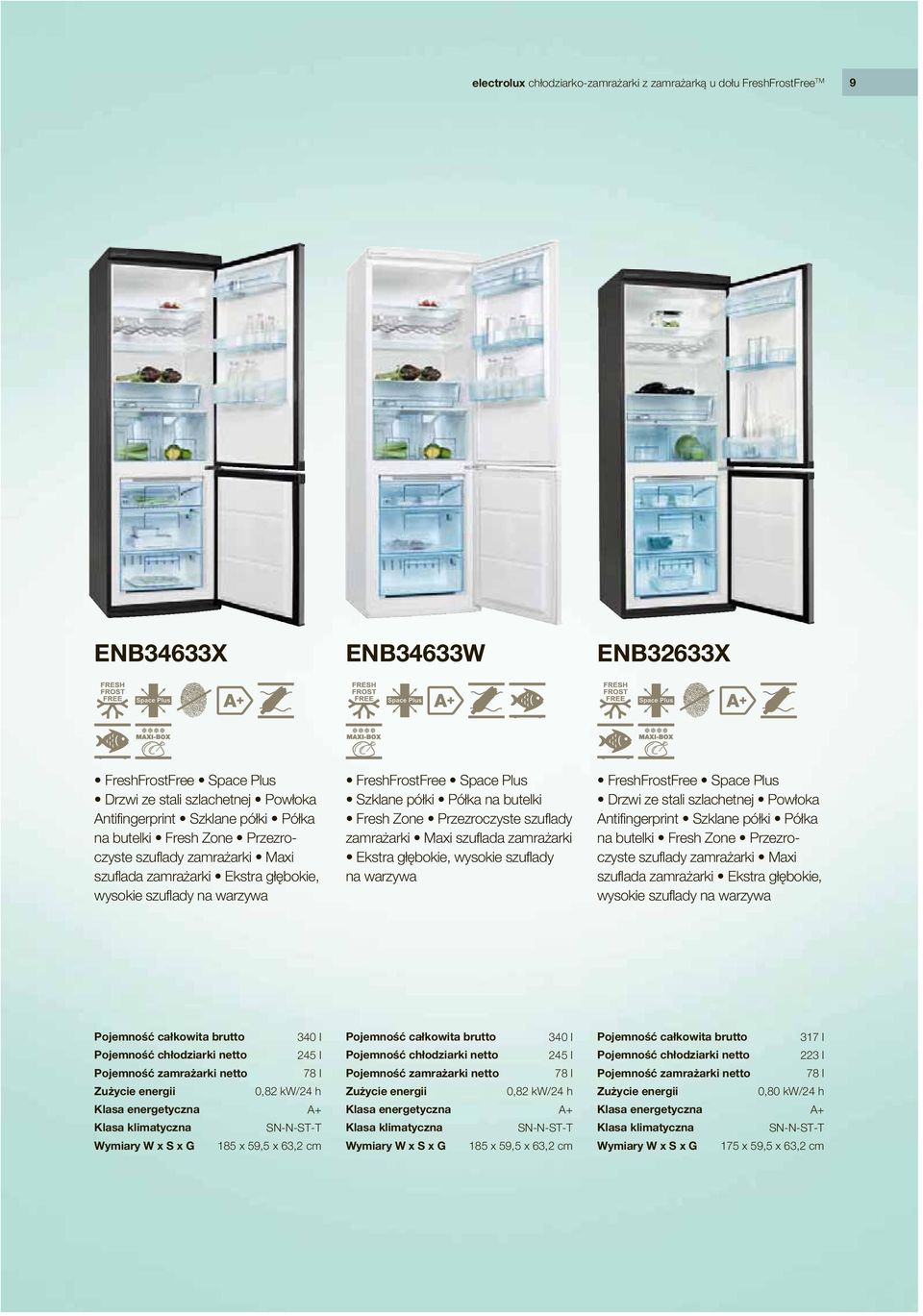 szuflady zamrażarki Maxi szuflada zamrażarki Ekstra głębokie, wysokie szuflady na warzywa FreshFrostFree Space Plus Drzwi ze stali szlachetnej Powłoka Antifingerprint Szklane półki Półka na butelki