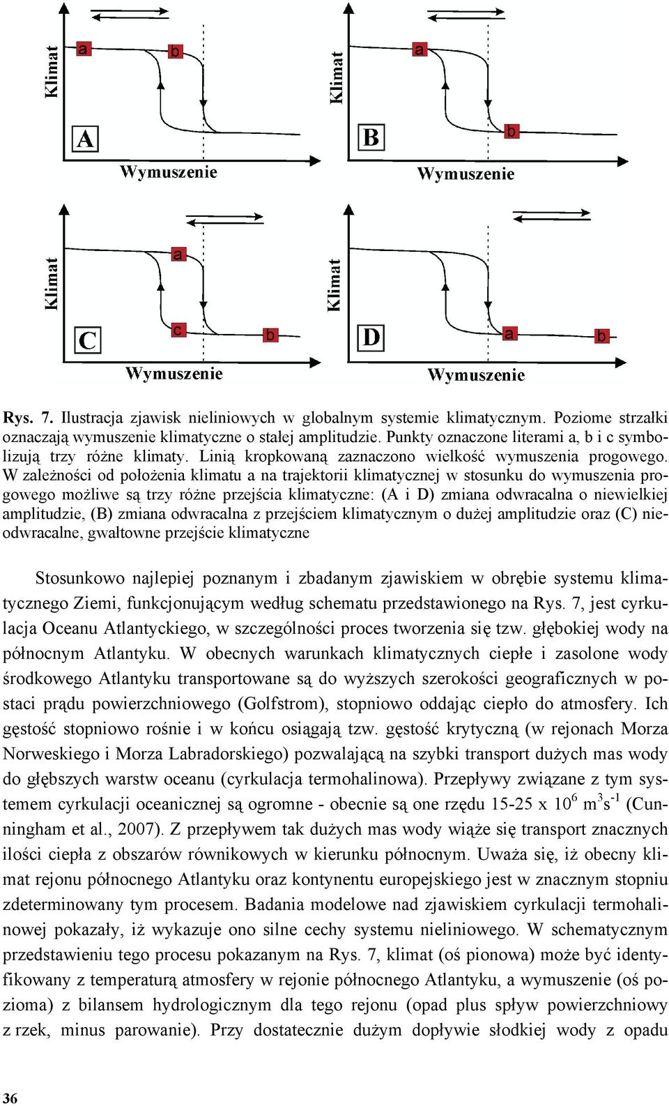 W zależności od położenia klimatu a na trajektorii klimatycznej w stosunku do wymuszenia progowego możliwe są trzy różne przejścia klimatyczne: (A i D) zmiana odwracalna o niewielkiej amplitudzie,