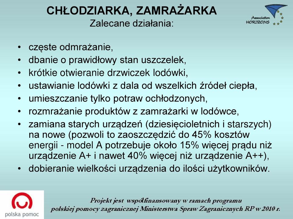 lodówce, zamiana starych urządzeń (dziesięcioletnich i starszych) na nowe (pozwoli to zaoszczędzić do 45% kosztów energii - model A