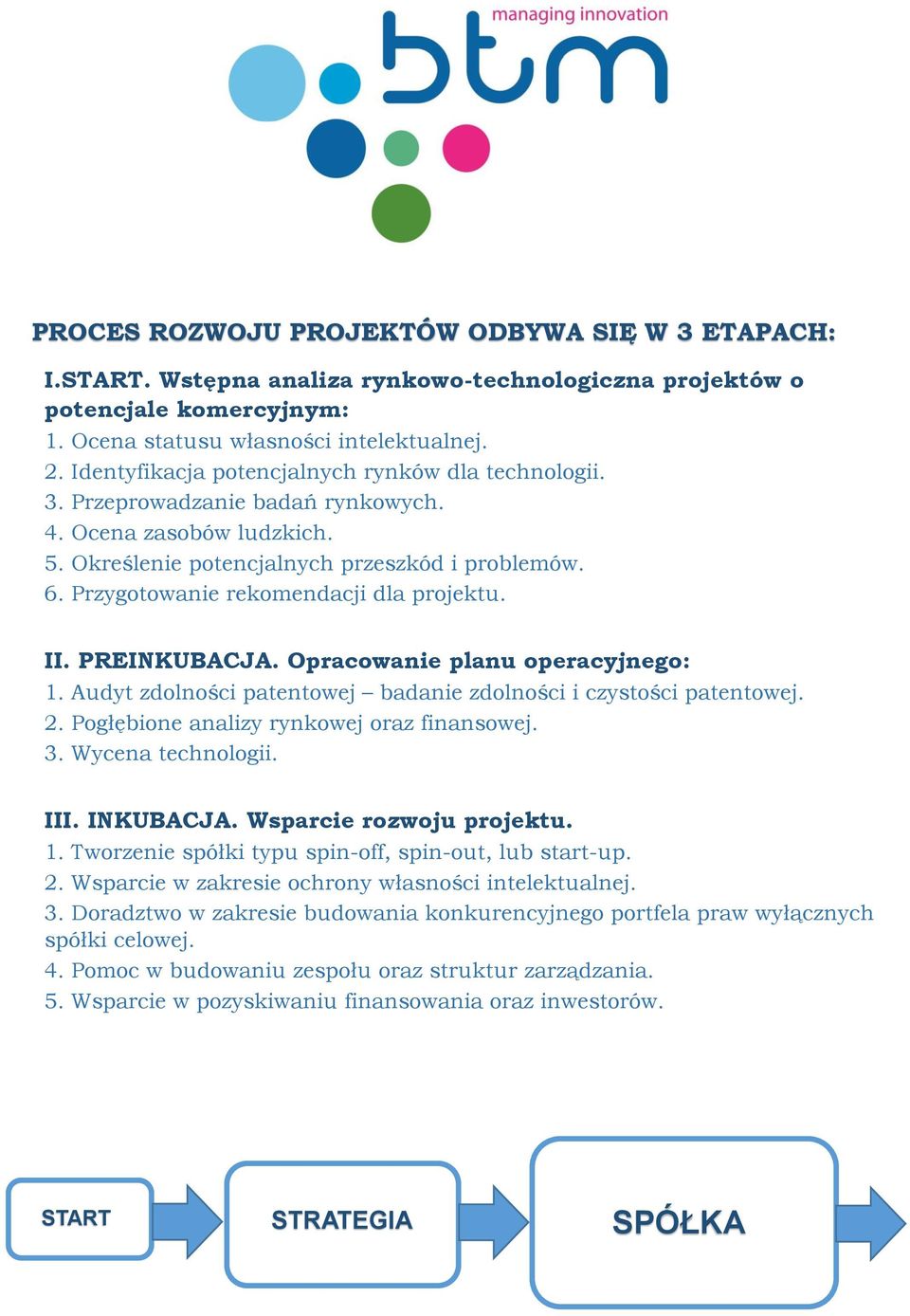 Przygotowanie rekomendacji dla projektu. II. PREINKUBACJA. Opracowanie planu operacyjnego: 1. Audyt zdolności patentowej badanie zdolności i czystości patentowej. 2.