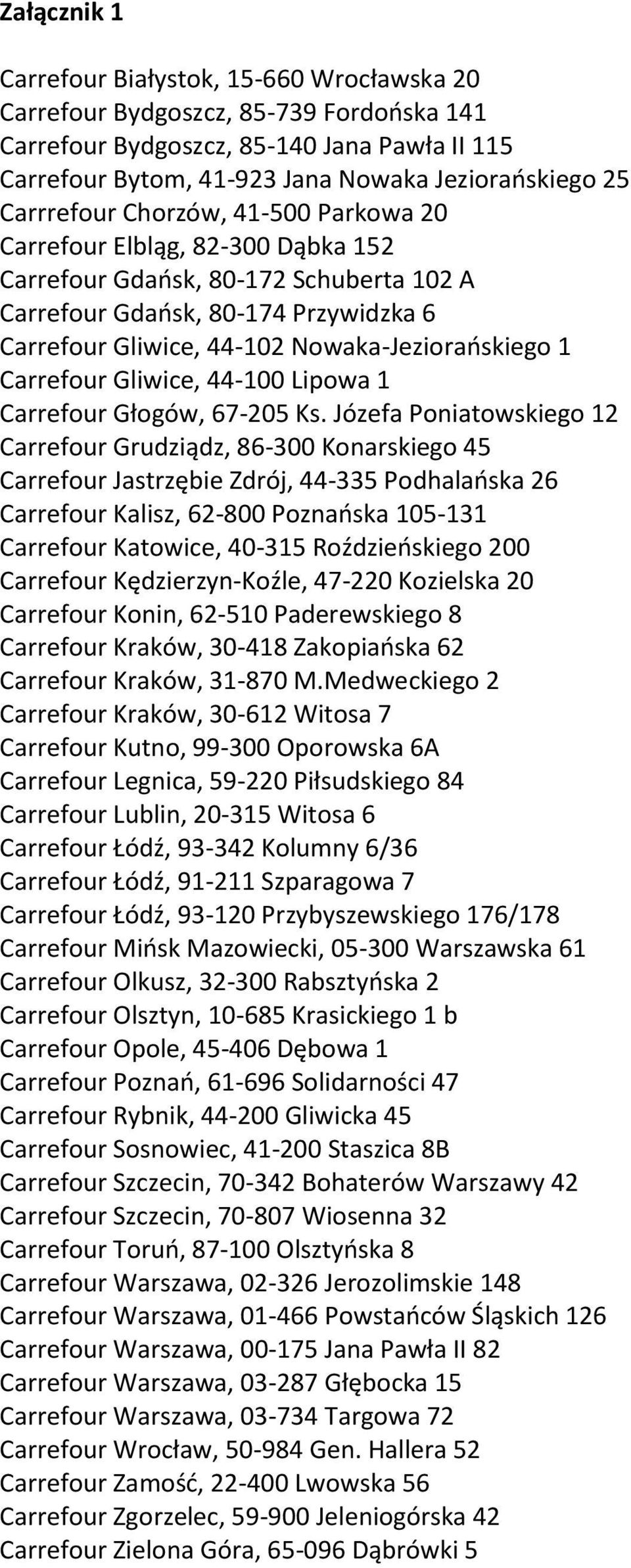 1 Carrefour Gliwice, 44-100 Lipowa 1 Carrefour Głogów, 67-205 Ks.