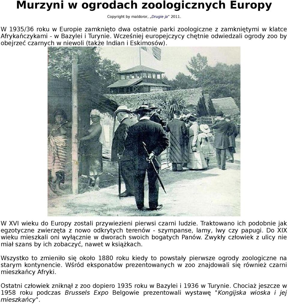 Wcześniej europejczycy chętnie odwiedzali ogrody zoo by obejrzeć czarnych w niewoli (także Indian i Eskimosów). W XVI wieku do Europy zostali przywiezieni pierwsi czarni ludzie.