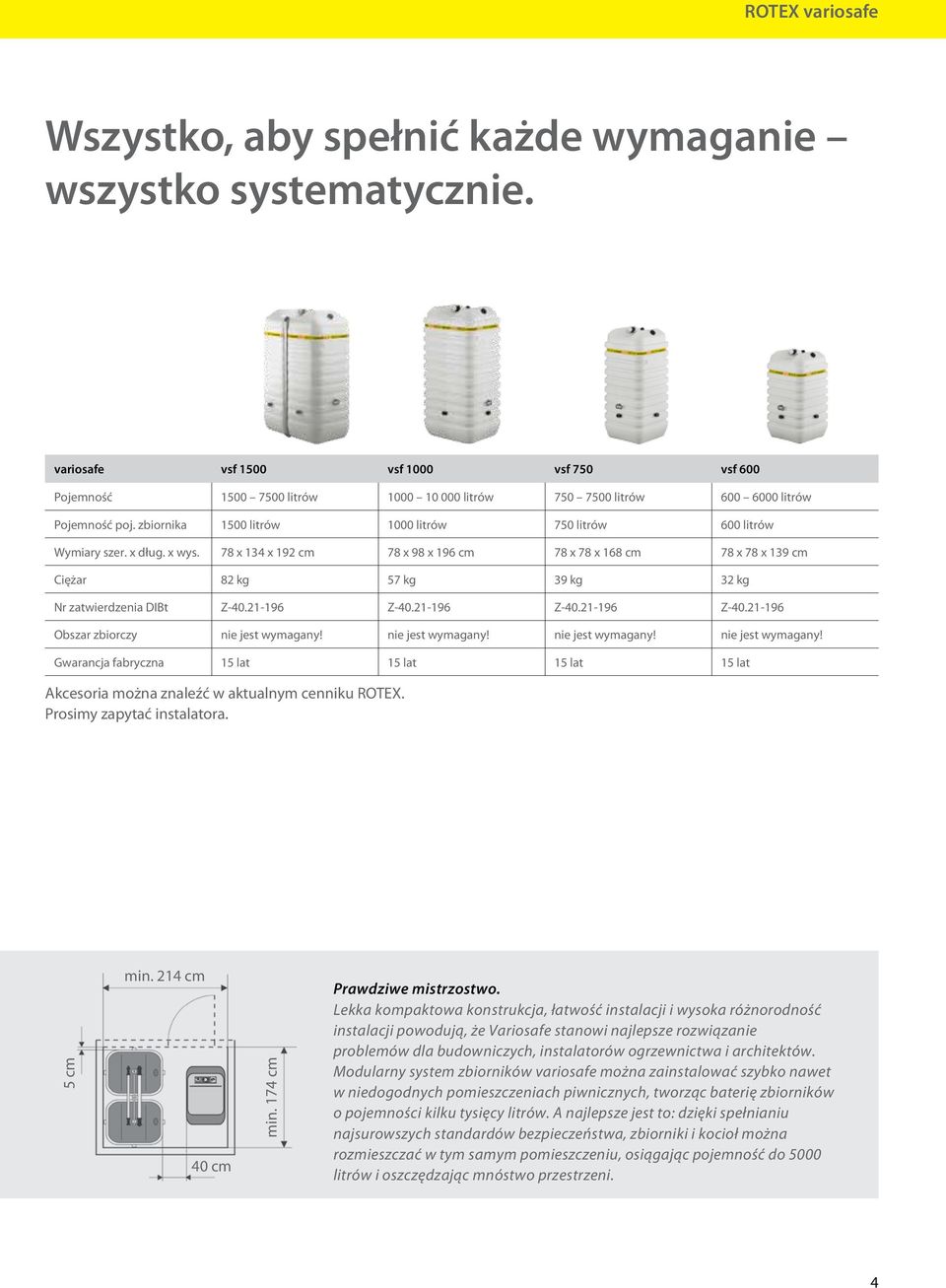 zbiornika 1500 litrów 1000 litrów 750 litrów 600 litrów Wymiary szer. x dług. x wys.