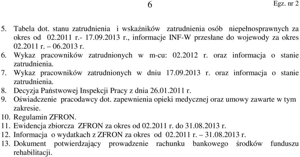 Decyzja Państwowej Inspekcji Pracy z dnia 26.01.2011 r. 9. Oświadczenie pracodawcy dot. zapewnienia opieki medycznej oraz umowy zawarte w tym zakresie. 10. Regulamin ZFRON. 11.