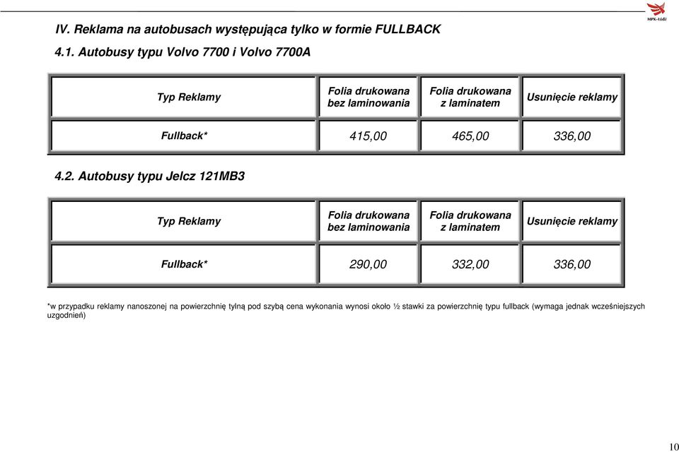 Autobusy typu Jelcz 121MB3 Fullback* 290,00 332,00 336,00 *w przypadku reklamy nanoszonej na