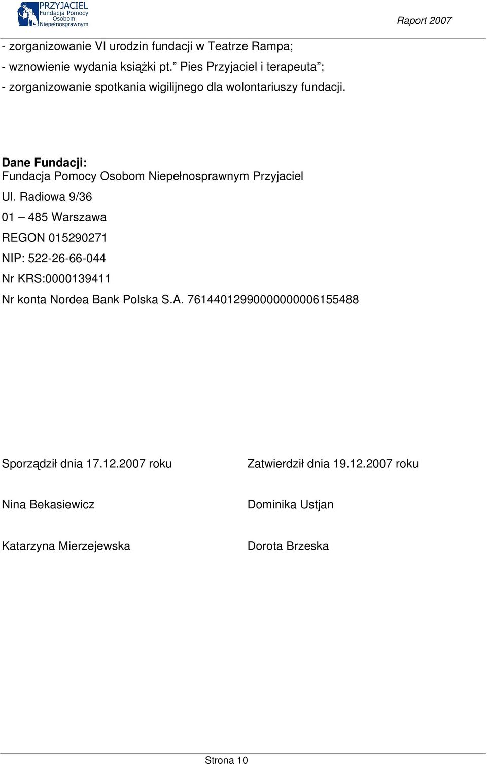 Dane Fundacji: Fundacja Pomocy Osobom Niepełnosprawnym Przyjaciel Ul.