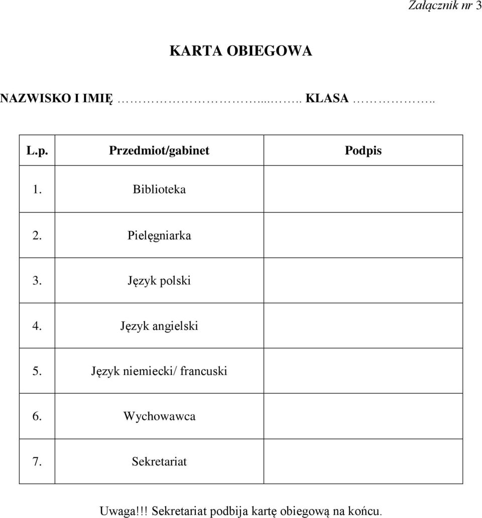 Język polski 4. Język angielski 5. Język niemiecki/ francuski 6.