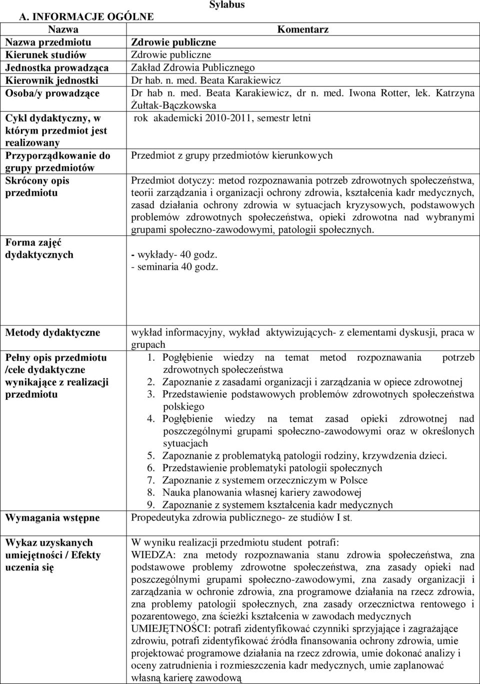 Katrzyna Żułtak-Bączkowska Cykl dydaktyczny, w rok akademicki 2010-2011, semestr letni którym przedmiot jest realizowany Przyporządkowanie do Przedmiot z grupy przedmiotów kierunkowych grupy