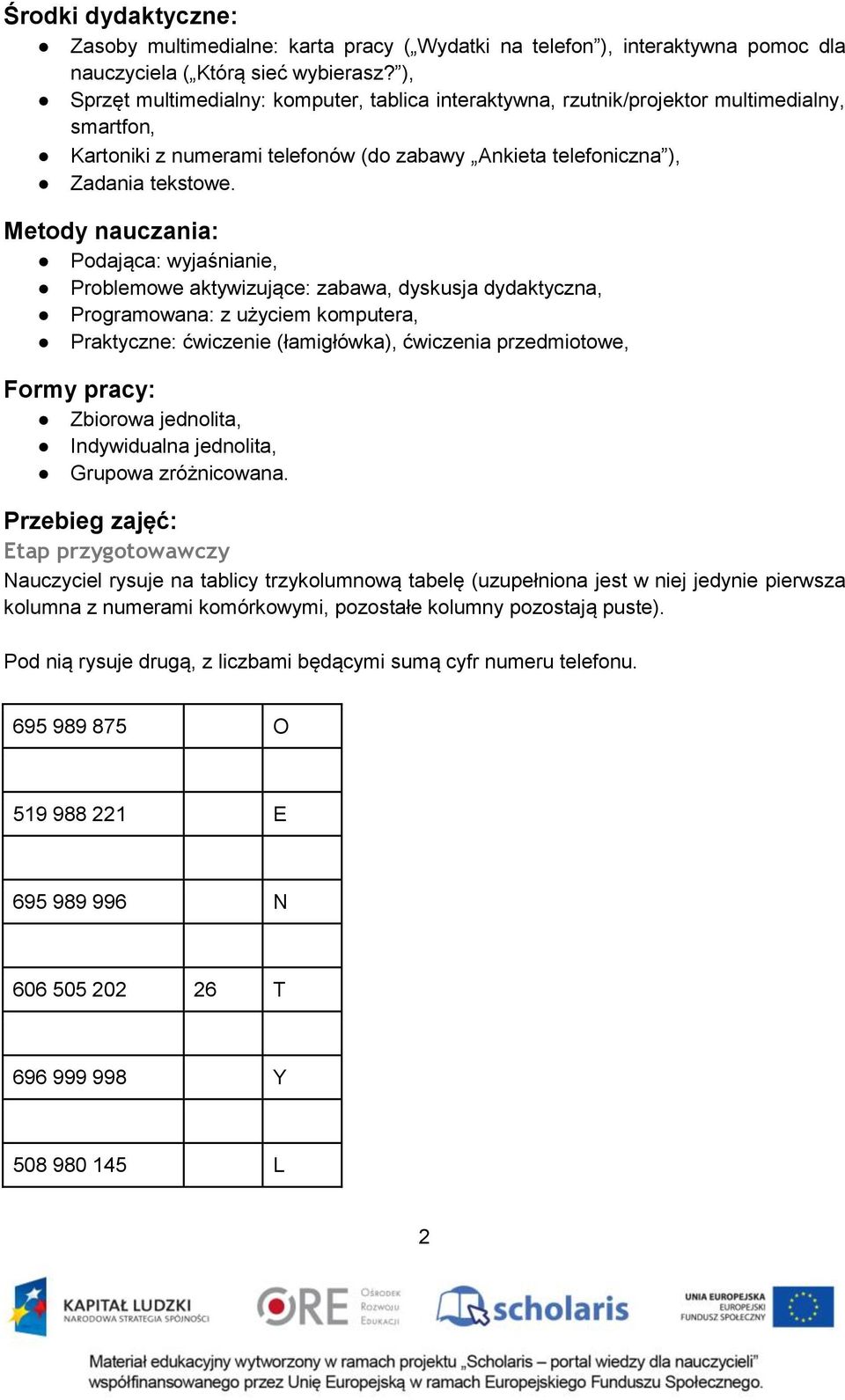 Metody nauczania: Podająca: wyjaśnianie, Problemowe aktywizujące: zabawa, dyskusja dydaktyczna, Programowana: z użyciem komputera, Praktyczne: ćwiczenie (łamigłówka), ćwiczenia przedmiotowe, Formy