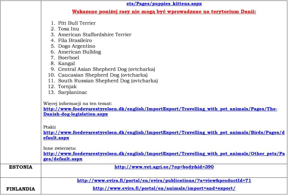 Sarplaninac Więcej informacji na ten temat: http://www.foedevarestyrelsen.dk/english/importexport/travelling_with_pet_animals/pages/the- Danish-dog-legislation.aspx Ptaki: http://www.