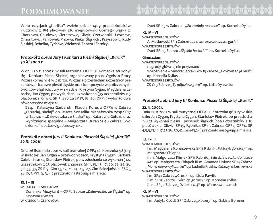 11.2000 r. w sali teatralnej OPP4 ul. Korczoka 98 odbył się I Konkurs Pieśni Śląskiej organizowany przez Ognisko Pracy Pozaszkolnej nr 4 w Zabrzu.