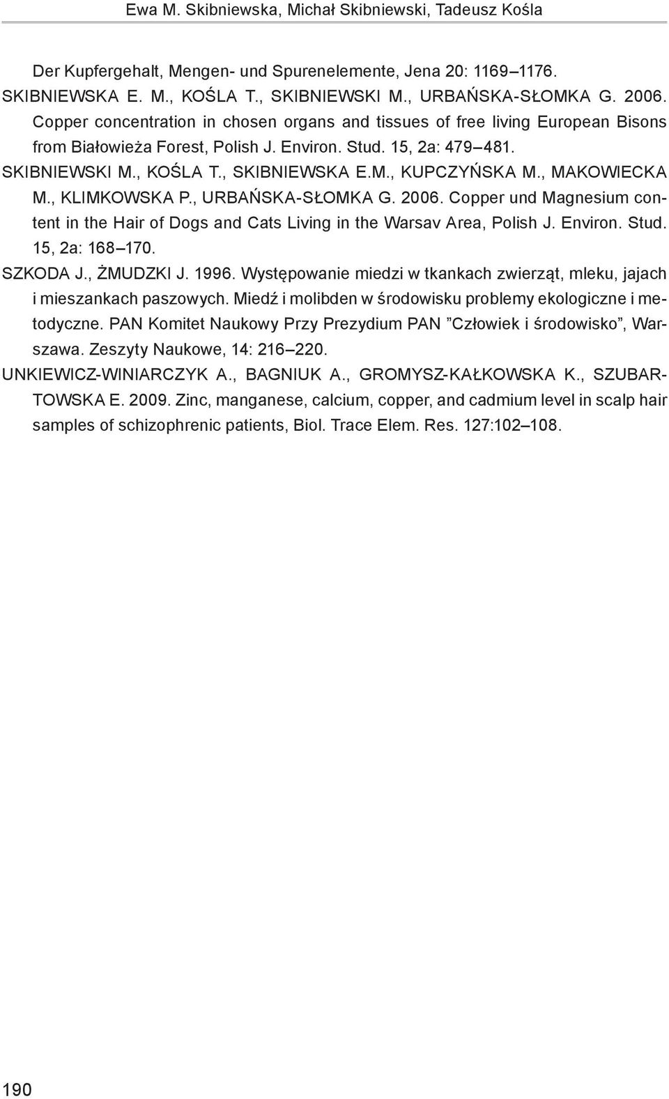 , Makowiecka M., Klimkowska P., Urbańska-Słomka G. 2006. Copper und Magnesium content in the Hair of Dogs and Cats Living in the Warsav Area, Polish J. Environ. Stud. 15, 2a: 168 170. Szkoda J.