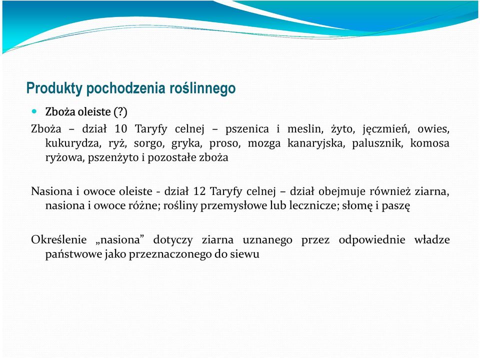 kanaryjska, palusznik, komosa ryżowa, pszenżyto i pozostałe zboża Nasiona i owoce oleiste - dział 12 Taryfy celnej dział