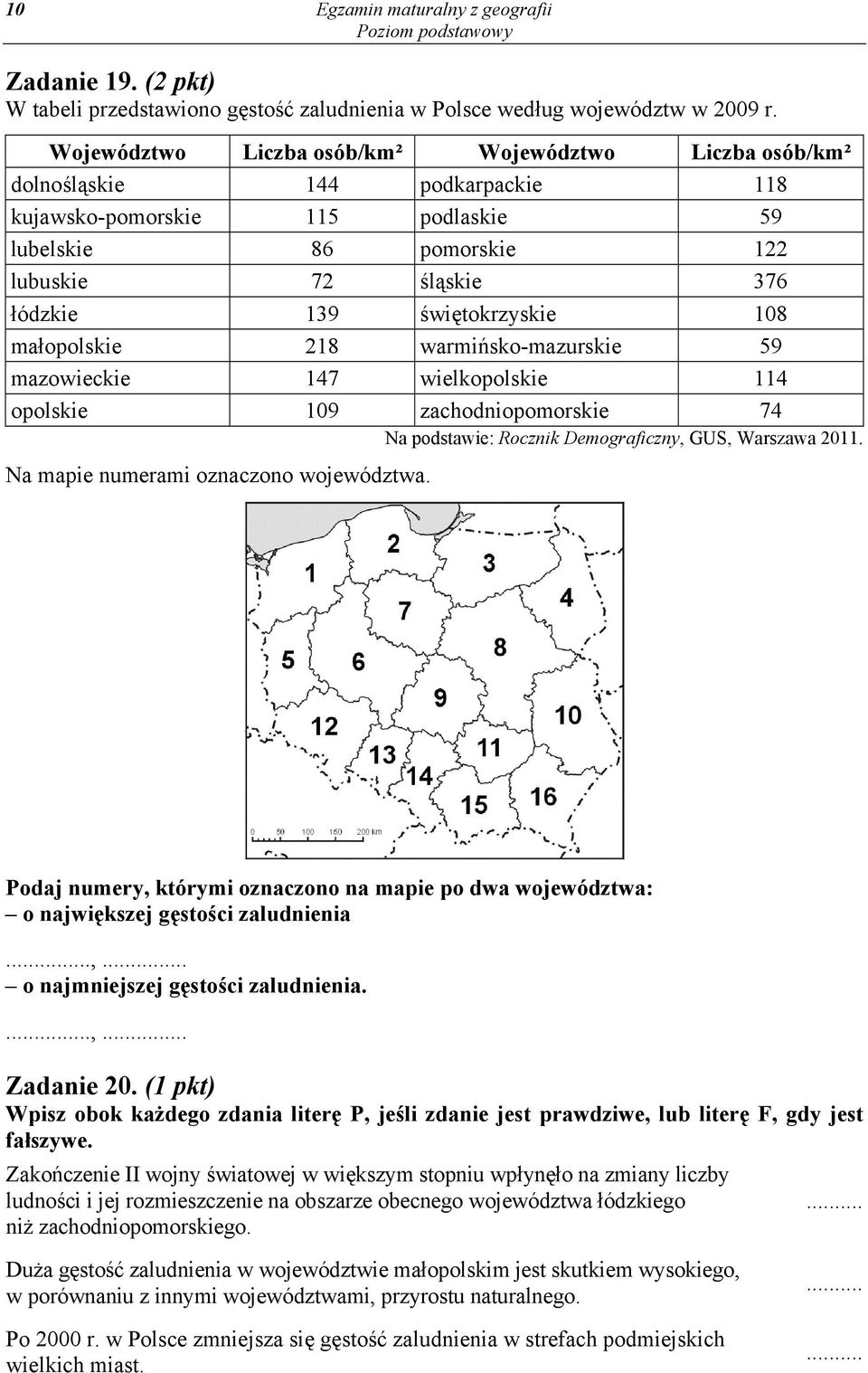 świętokrzyskie 108 małopolskie 218 warmińsko-mazurskie 59 mazowieckie 147 wielkopolskie 114 opolskie 109 zachodniopomorskie 74 Na podstawie: Rocznik Demograficzny, GUS, Warszawa 2011.