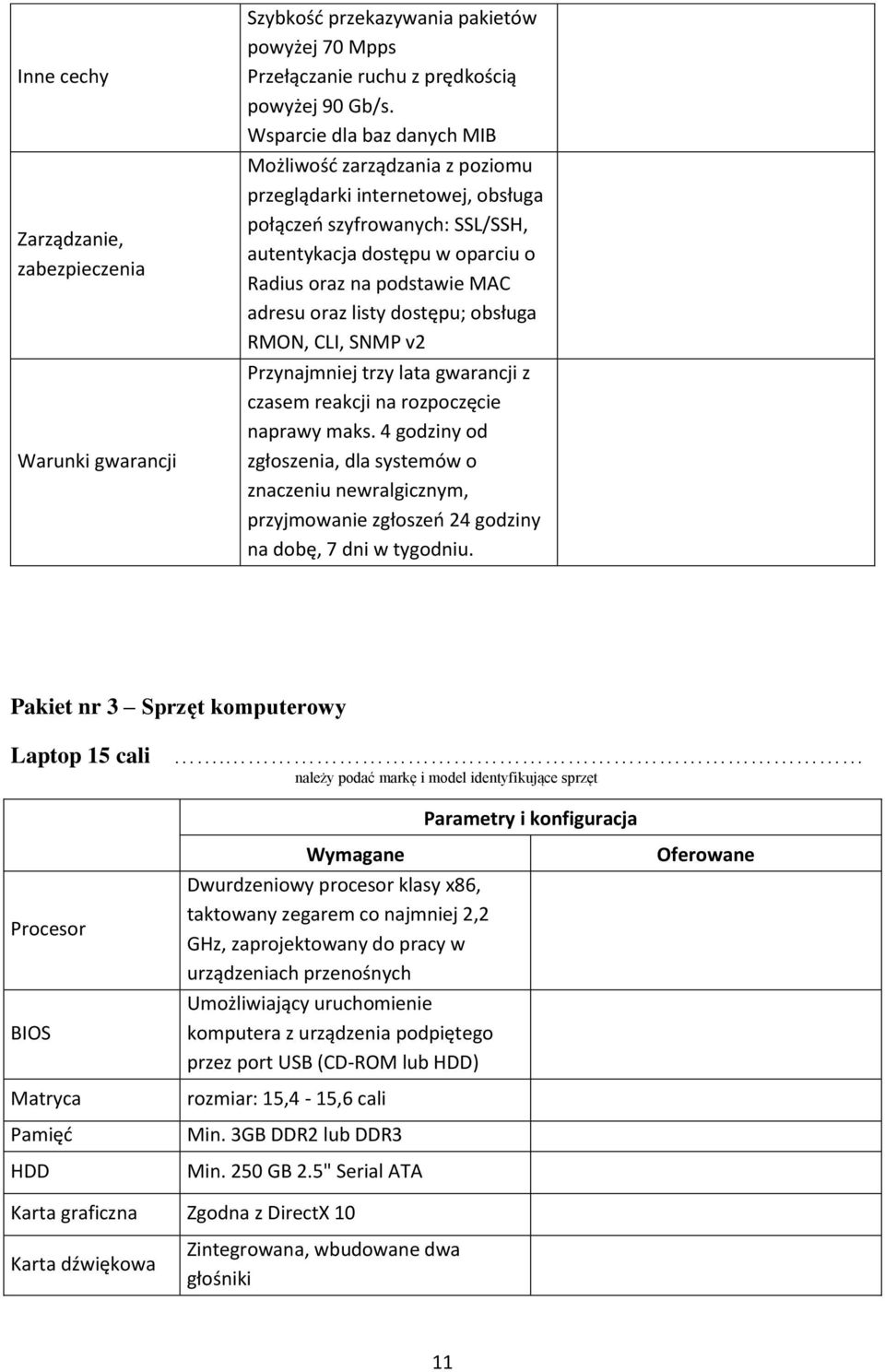 oraz listy dostępu; obsługa RMON, CLI, SNMP v2 Przynajmniej trzy lata gwarancji z czasem reakcji na rozpoczęcie naprawy maks.